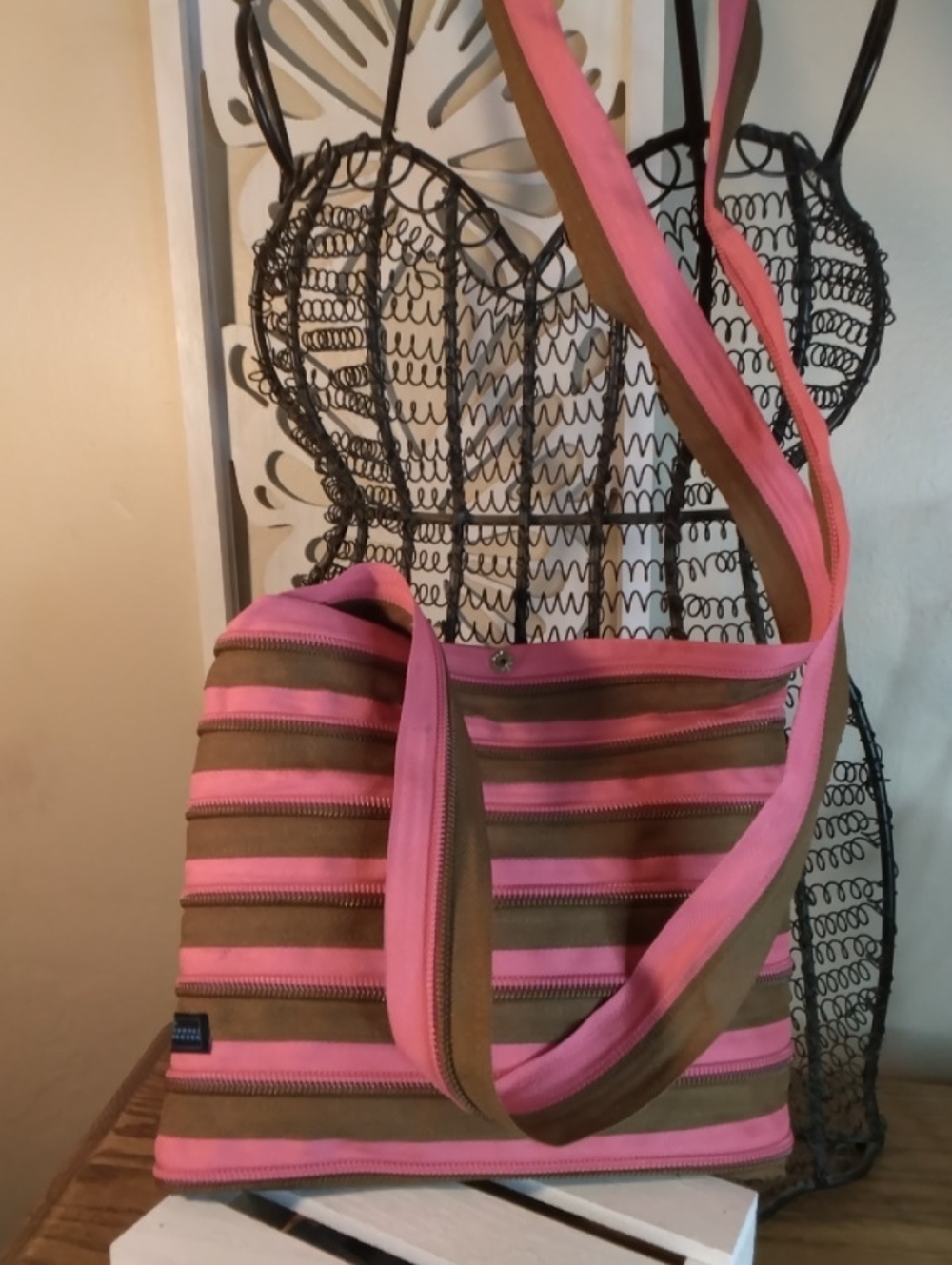 Striped Pink and Brown Crossbody Shoulder Bag